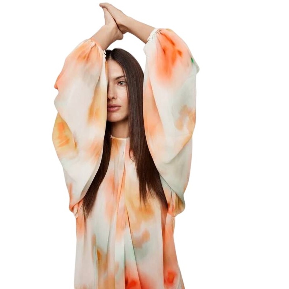 Banana Republic Chiffon Twist Neck Blouse Womens M Orange Watercolor Floral Boho